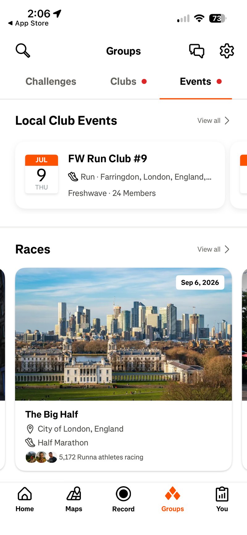 Strava race discovery tiles in the Events tab of the Groups section