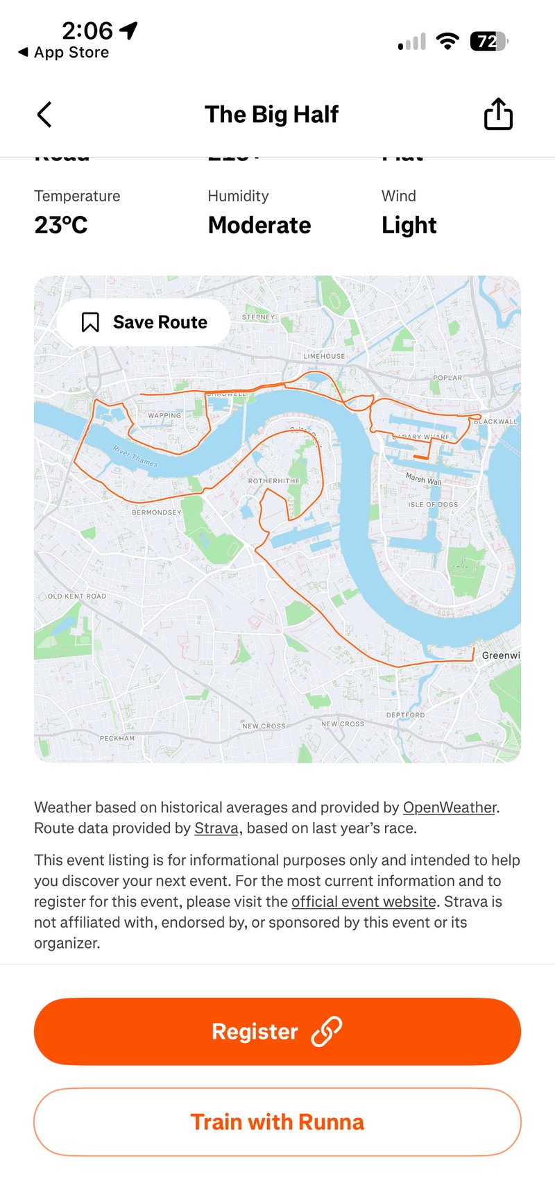 Strava race listing showing the course map and the option to train with a Runna plan