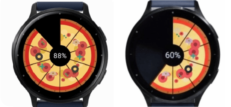 PizzaBatteryWatchFace analog and digital Garmin watch faces showing battery charge as a pizza