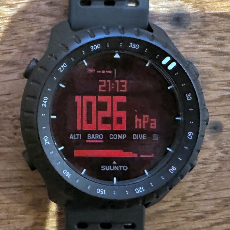 Suunto Core 2 - red light and tiny barometer chart shown