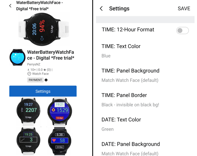 WaterBatteryWatchFace Digital Garmin watch face with three-panel layout and water battery indicator