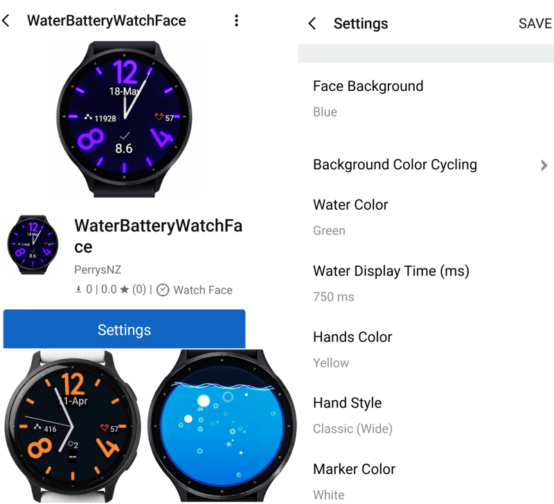 WaterBatteryWatchFace Analog Garmin watch face showing battery charge as a rising water level