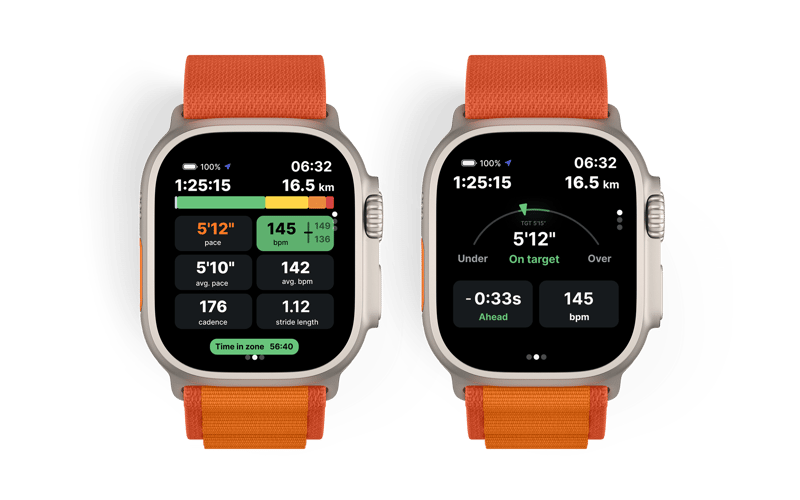 Pace It Apple Watch workout screens showing a customisable metric grid with live pace, heart rate, cadence, and stride length, alongside a gauge view with pace target zone and haptic feedback indicator.