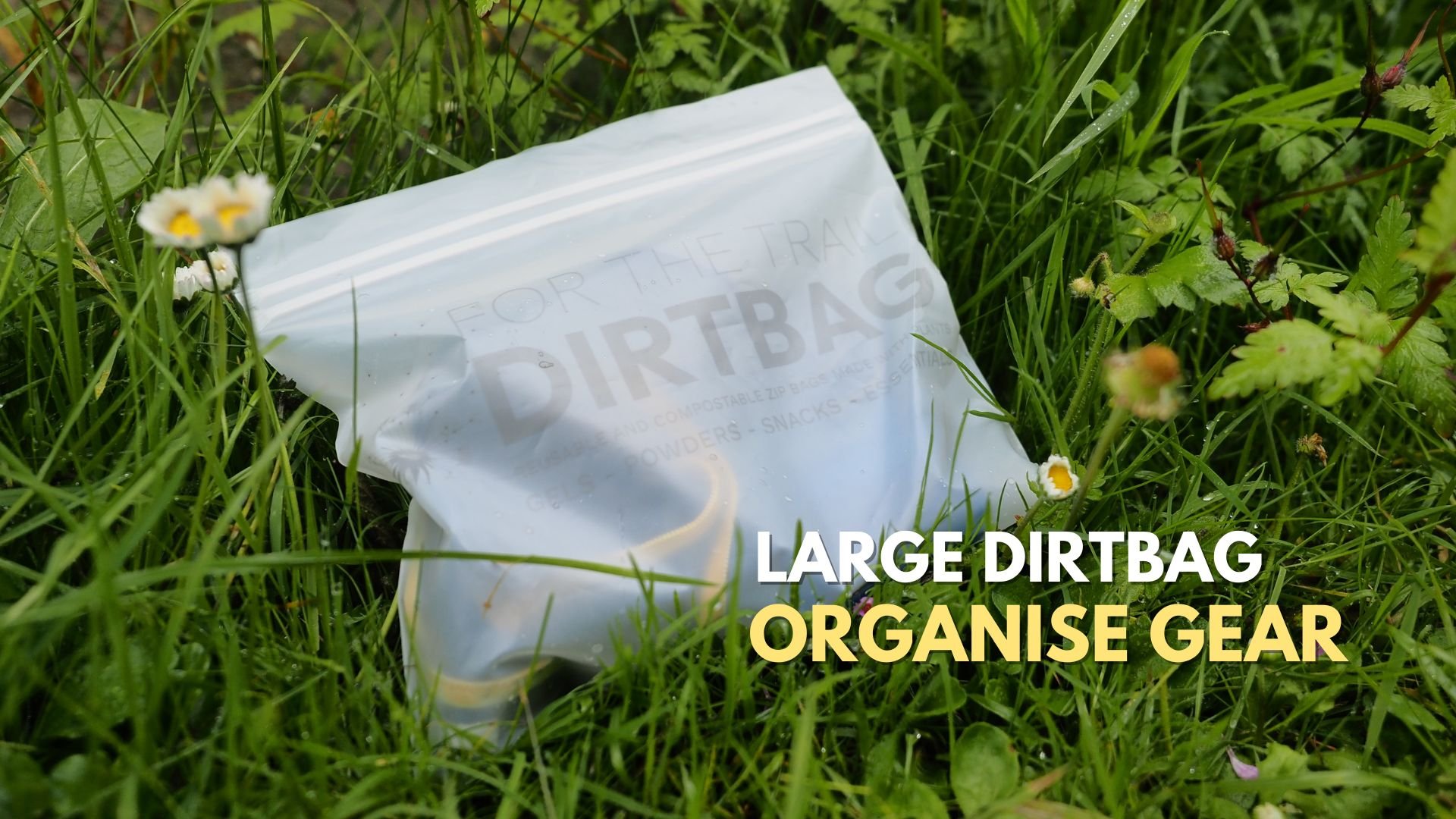 Large DirtBag (16x18cm) bioplastic reusable pouch used to organise trail running gear and food for an ultra-marathon