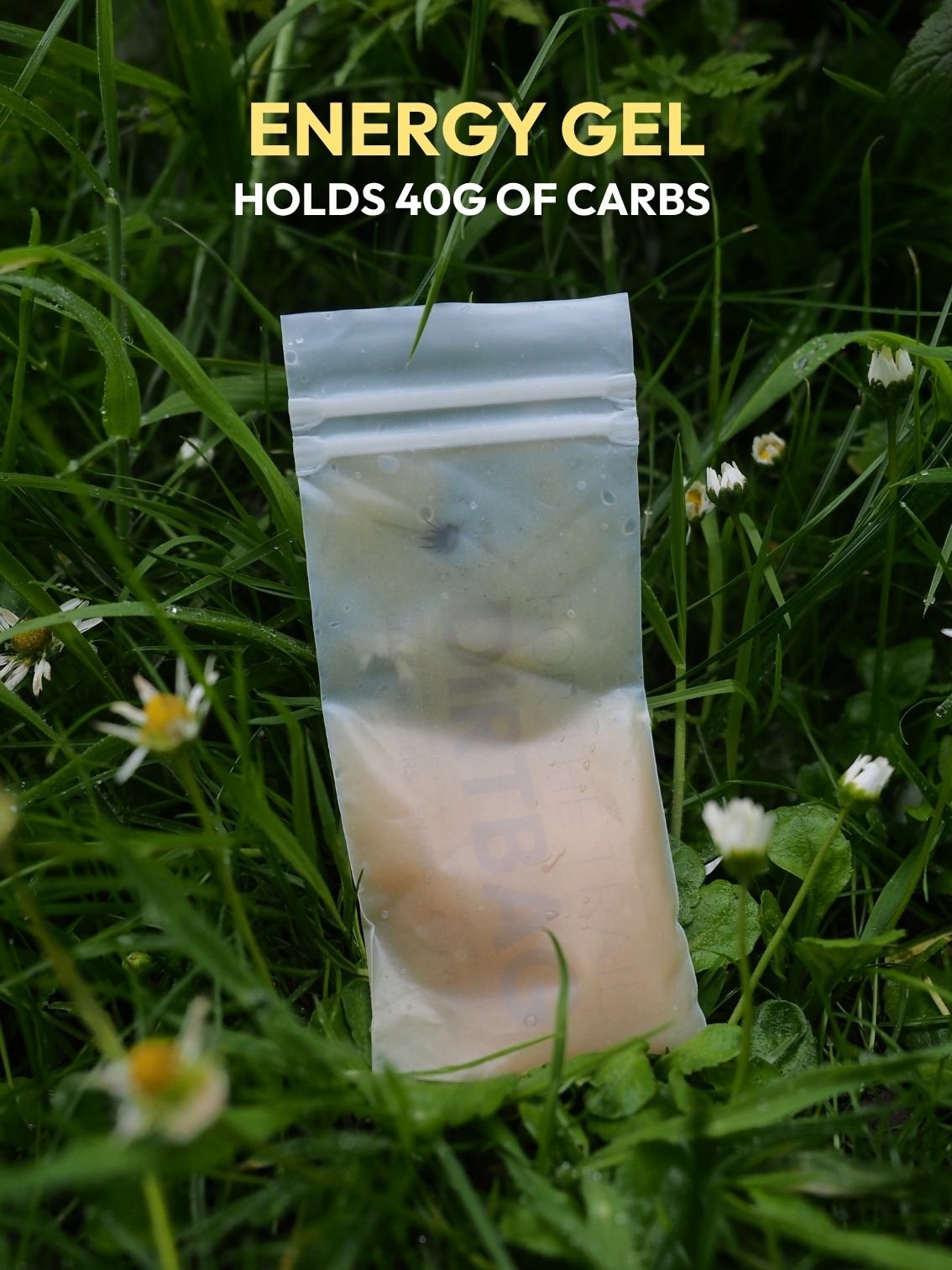 Small DirtBag bioplastic reusable fuel pouch filled and sealed, ready to use during a trail run