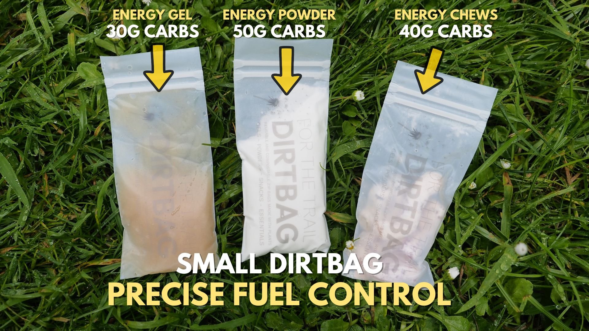 Small DirtBags filled with energy gel, energy chews and powder for precise carbohydrate control during trail running and ultra-marathons