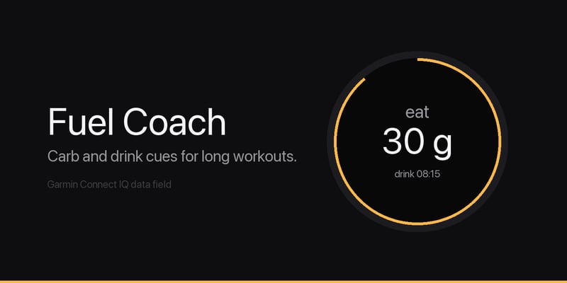 Fuel Coach Garmin data field showing an eat cue of 30 grams on a watch mockup.
