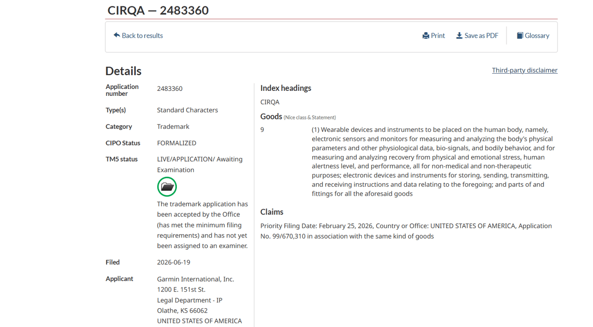 Garmin Cirqa Canadian trademark application 2483360 filed June 2026 showing emotional stress sensing in goods description