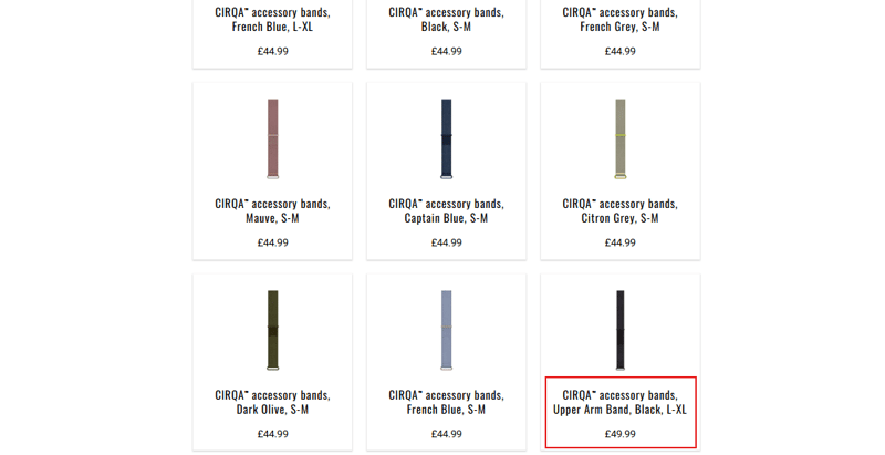 Garmin CIRQA wrist and upper arm accessory bands showing both wear position options
