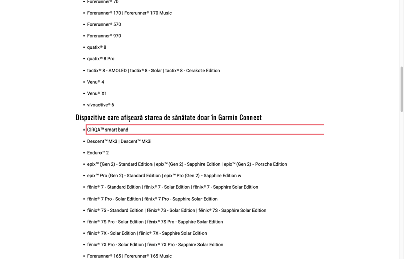 Garmin Cirqa smart band listed on Romanian Garmin Connect Health Status support page July 15 2026, source garminrumors.com