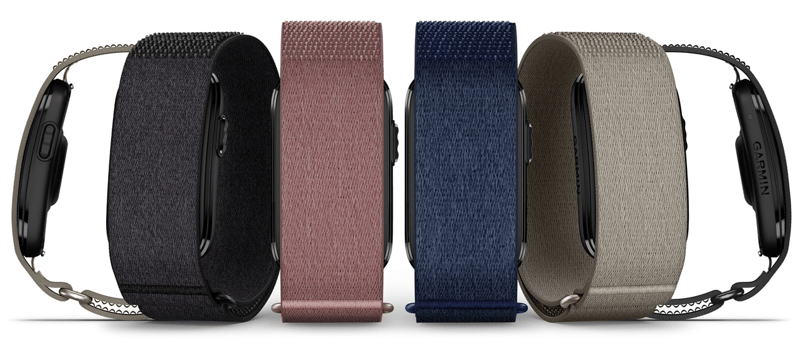 Garmin CIRQA Smart Band in Black, Captain Blue, French Grey and Mauve showing front, rear and side angles