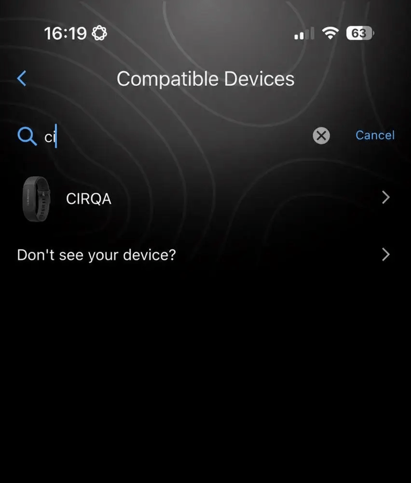Garmin CIRQA listed in the Garmin Connect app add-device search screen