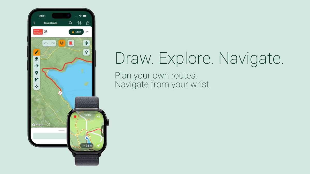 TouchTrails route planning app on a phone with standalone Apple Watch navigation