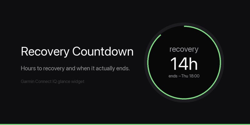 Recovery Countdown Garmin glance showing 14 hours to recovery and the end time.