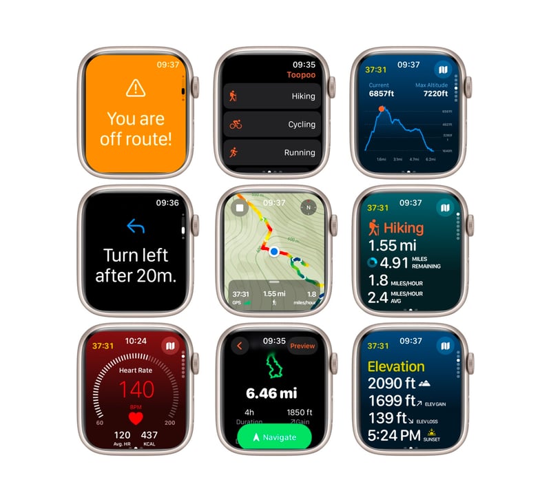 Nine Tooboo Apple Watch screens showing maps, off-route alerts, elevation and workout data.