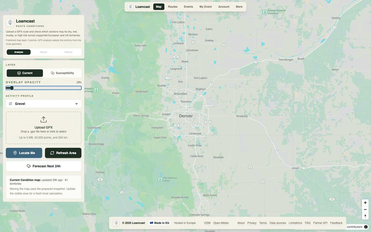Loamcast US territory coverage overview showing active moisture prediction data across the 48 contiguous states.