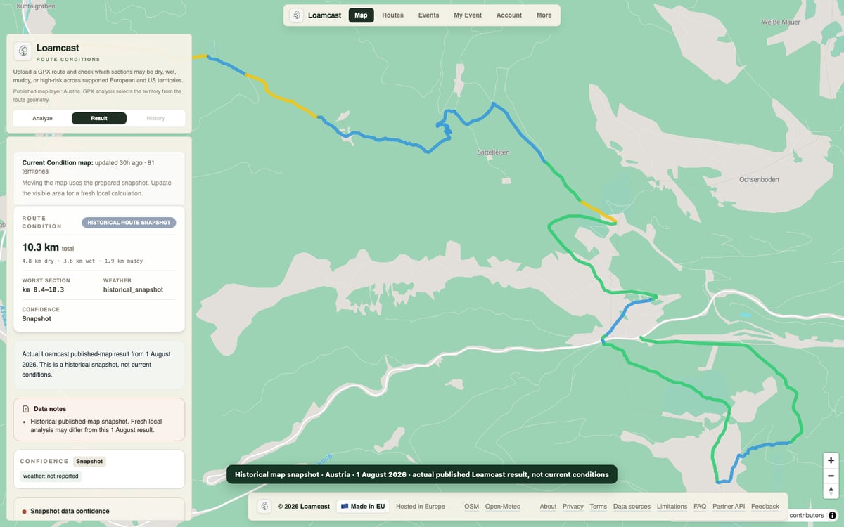 A GPX route in Austria displayed in Loamcast showing extensive Muddy and High risk sections after recent rain.