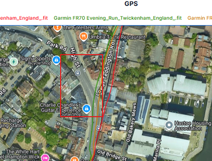 Garmin Forerunner 70 GPS track showing a clear multipath error on the 10-mile test run