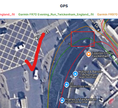 Garmin Forerunner 70 GPS track showing good turn performance on the 10-mile test run