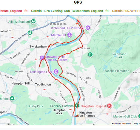 Garmin Forerunner 70 GPS overview route for the 10-mile test run