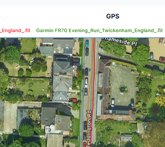 Garmin Forerunner 70 GPS track showing a wrong-side-of-the-road error on the 10-mile test run