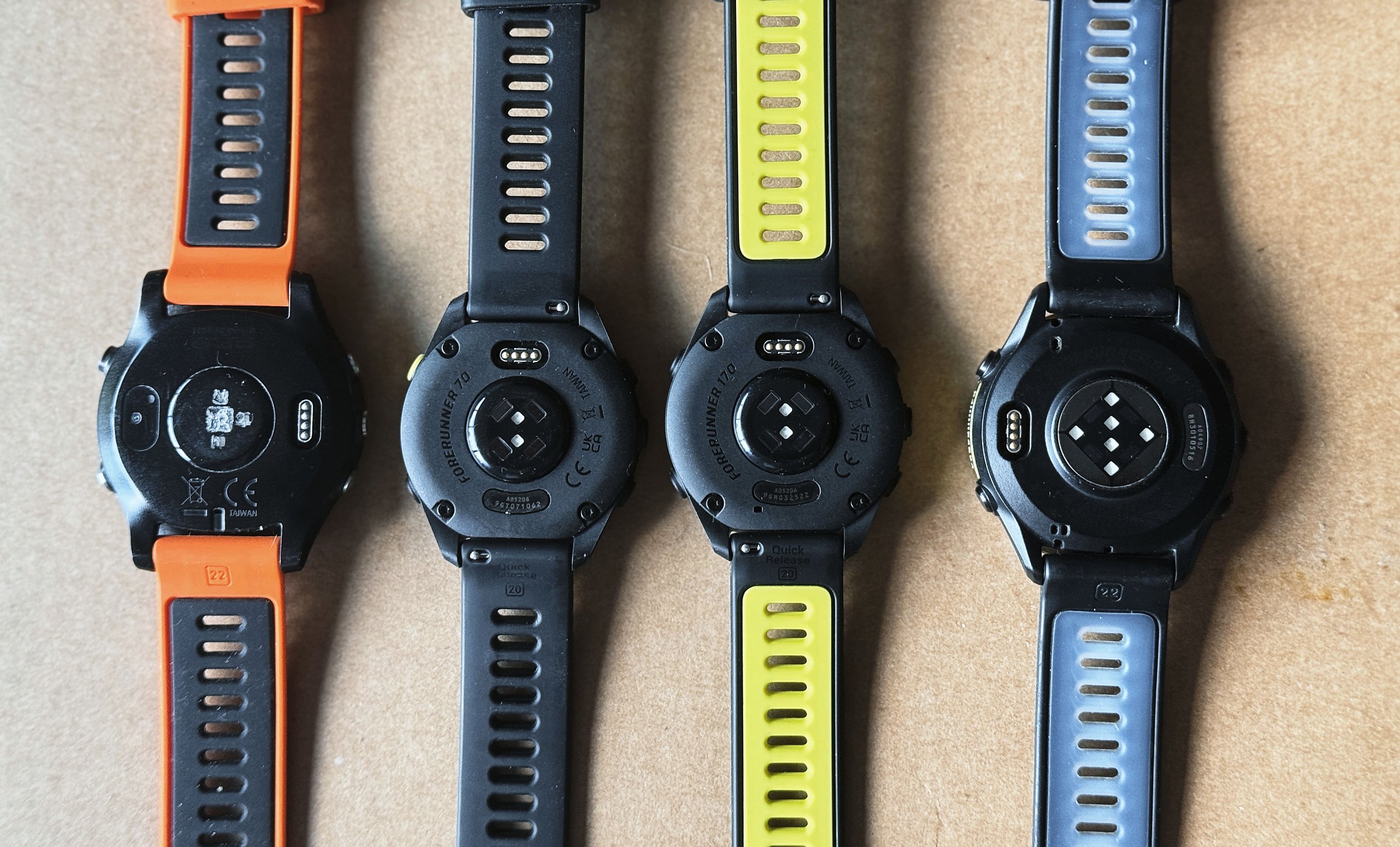 Garmin Forerunner range rear optical heart rate sensors: FR935, FR70, FR170 and FR970 side by side
