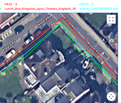 Forerunner 170, forerunner 70 deviates in parallel from track to NE FR170 good gps teddington suburban grid shown vs forerunner 970 and huawei watch gt runner 2