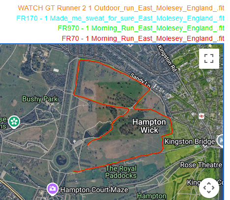 Garmin Forerunner 170 and Forerunner 70 GPS track at Bushy Park parkrun compared to Forerunner 970 and Huawei Watch GT Runner 2