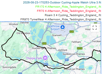 Garmin Forerunner 170 and Forerunner 70 GPS track cycling to Windsor compared to Forerunner 970, Wahoo Roam 3 and Apple Watch Ultra 3