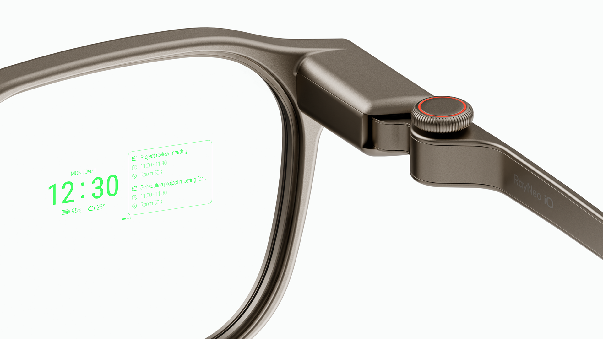 RayNeo iO smart glasses hinge and waveguide projection detail