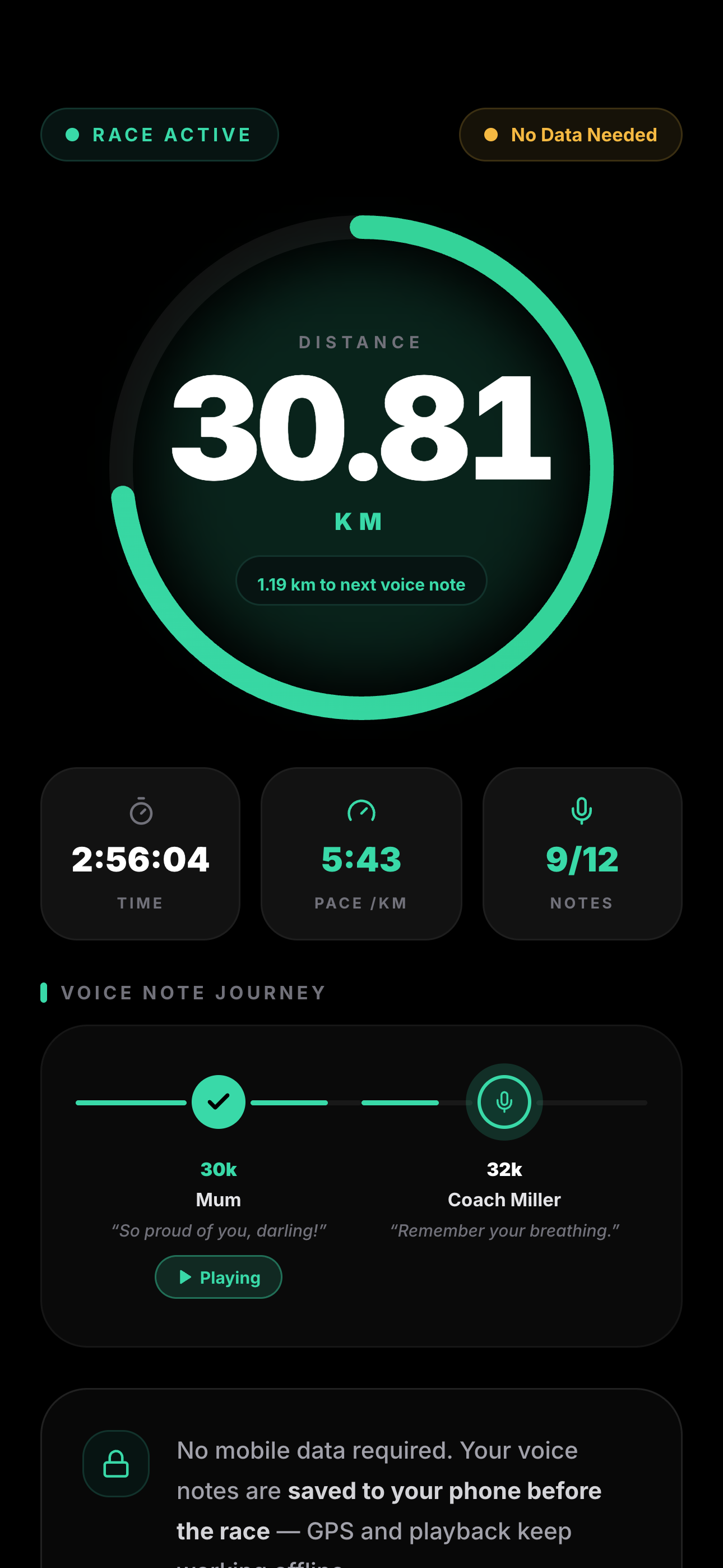 Back My Run active race screen showing offline audio playback continuing during a run when mobile coverage is unavailable.