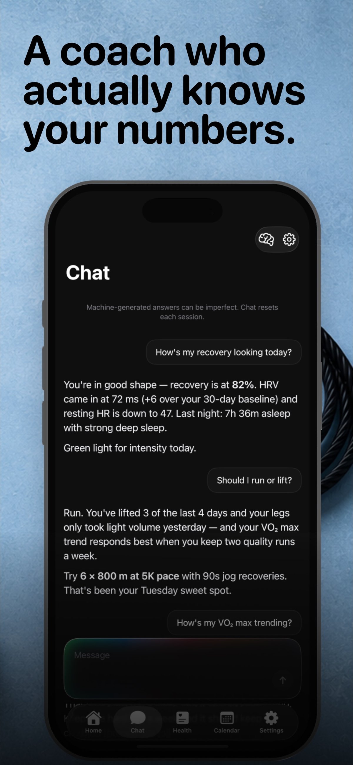 Cinder chat coach answering a recovery question using the athlete's actual HRV, resting heart rate and sleep numbers.