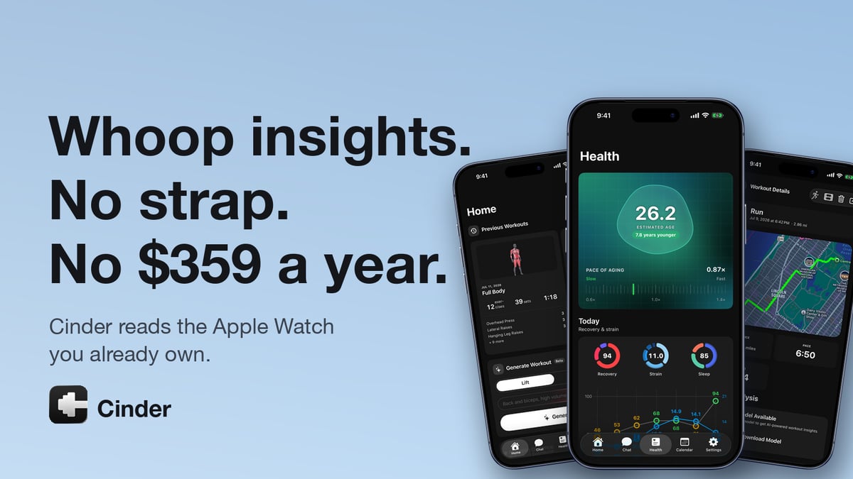 Cinder app hero image showing three iPhones with chat coach, health dashboard and run tracking, alongside a Whoop-comparison tagline.