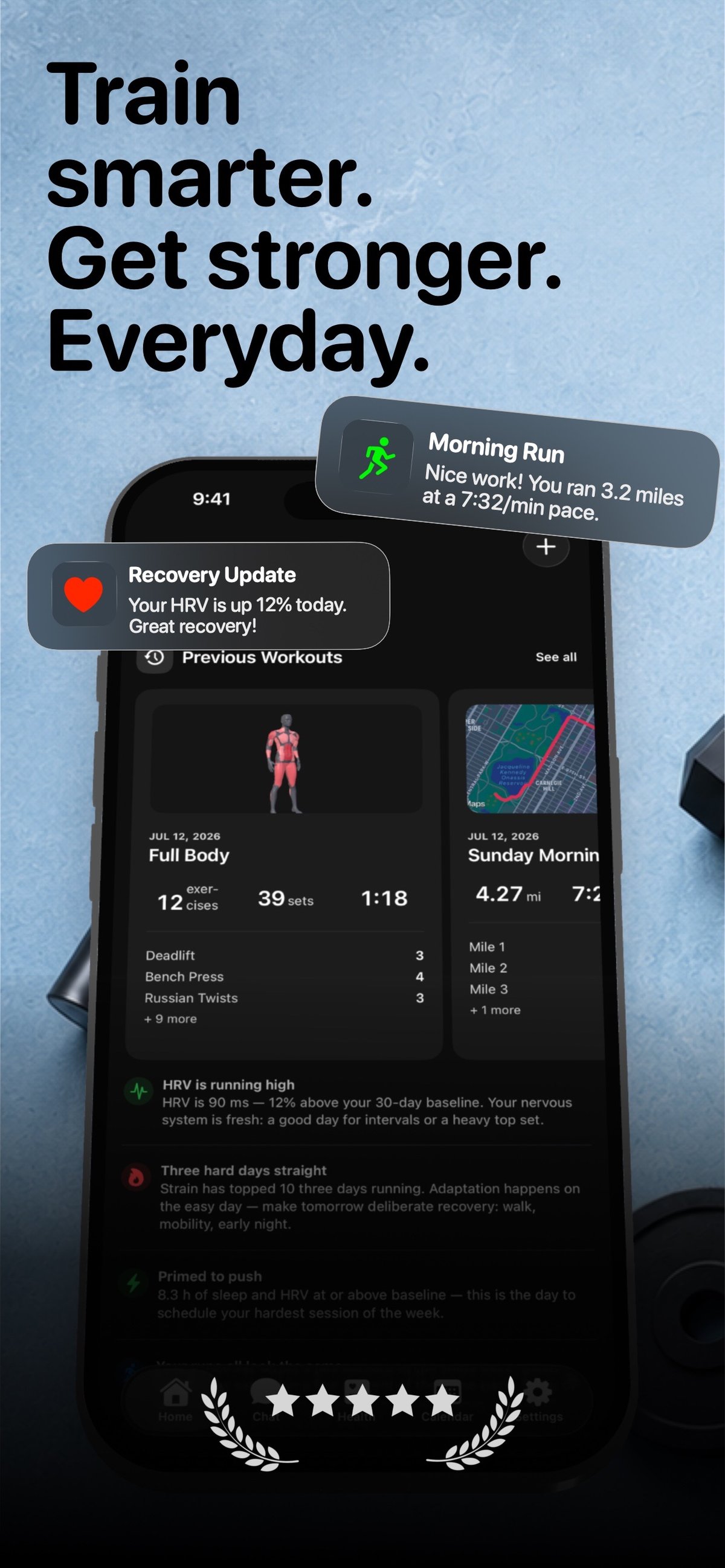 Cinder home screen showing previous strength and running workouts, HRV-based training insights, and recovery notifications.