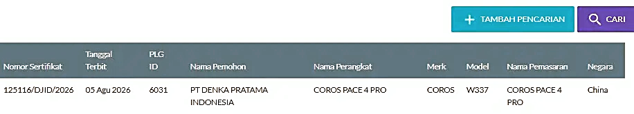 COROS Pace 4 Pro regulatory filing screenshot showing model W337