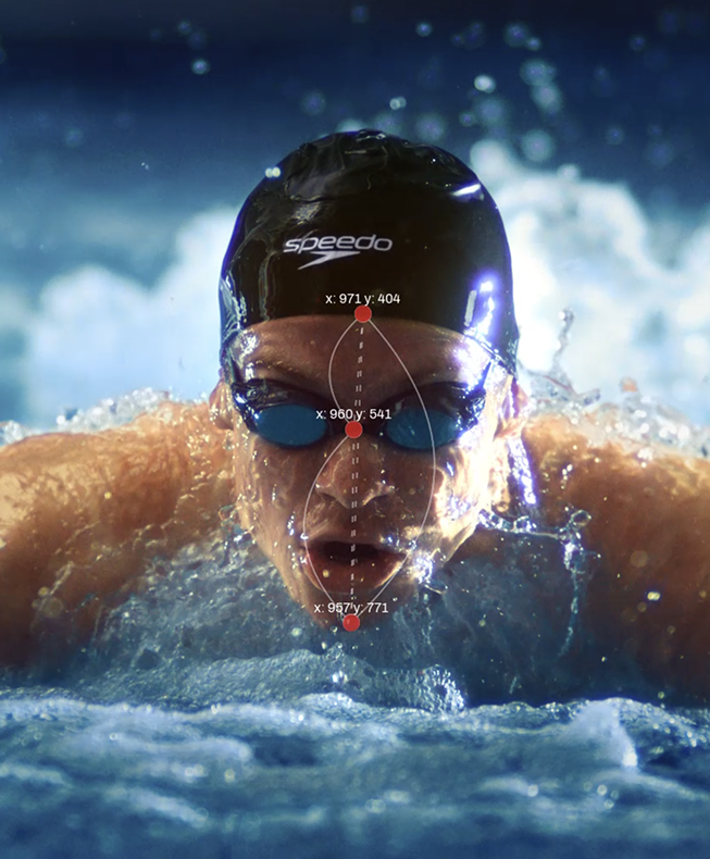 Speedo iQ on a swimmer performing breaststroke with metrics overlain representing head position