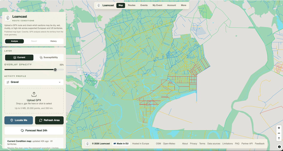 Loamcast conditions analysis view showing the moisture prediction breakdown for each section of a GPX route.