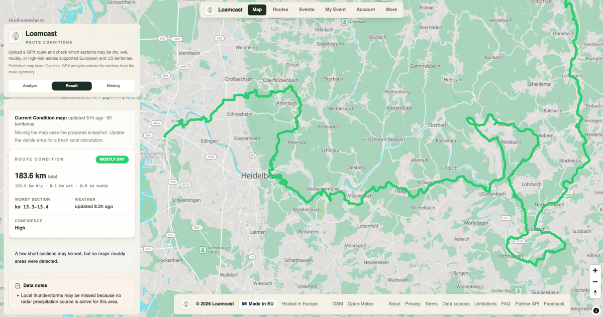 Loamcast GPX route displayed on a map with sections colour-coded by predicted moisture, most sections dry with a few marked wet or muddy.