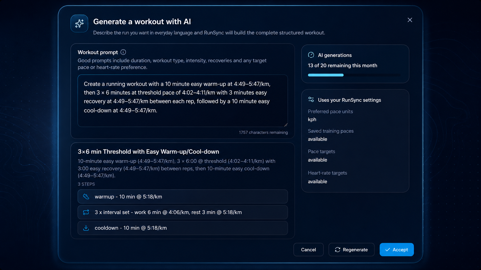 RunSync AI input converting a plain-English 3 x 6 threshold request into an editable structured workout ready to sync to Garmin.