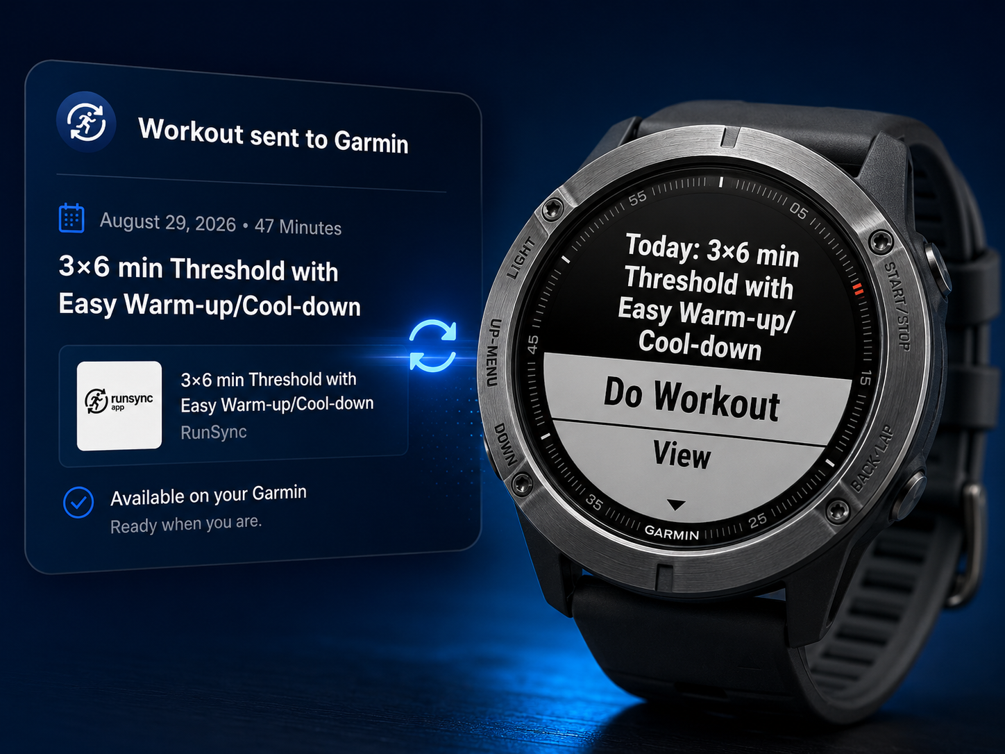 Finished RunSync structured workout displayed on a compatible Garmin watch, ready to guide the runner through each interval.
