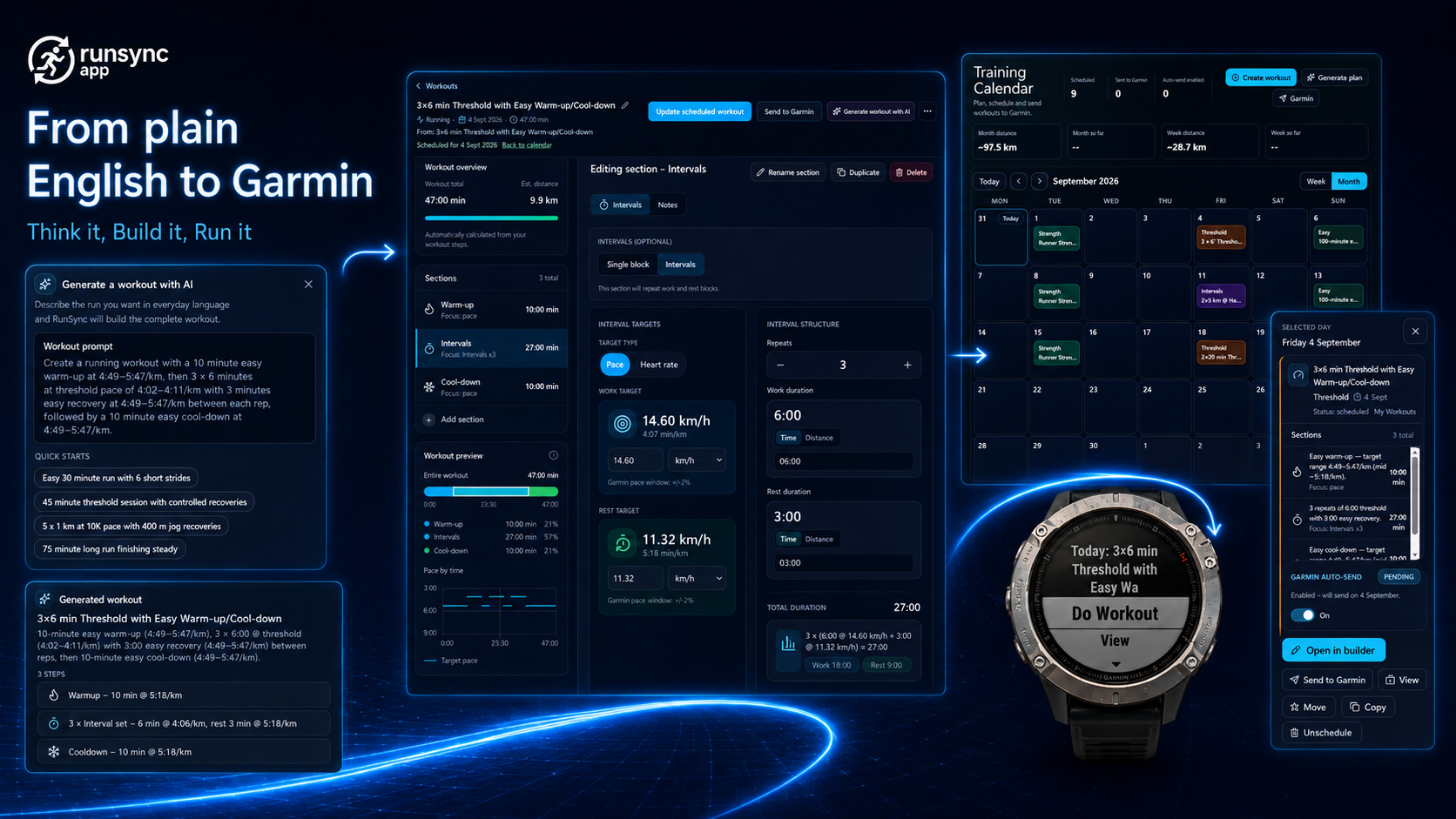 RunSync editorial hero image showing the web-based structured running workout builder with Garmin integration.