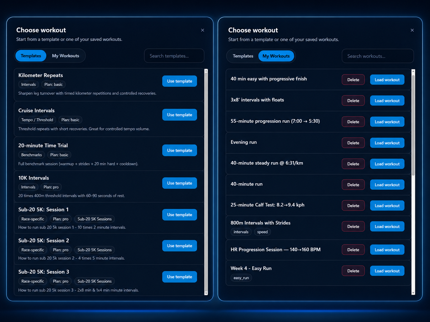 RunSync workout library showing pre-built running templates alongside a user's saved reusable workouts.