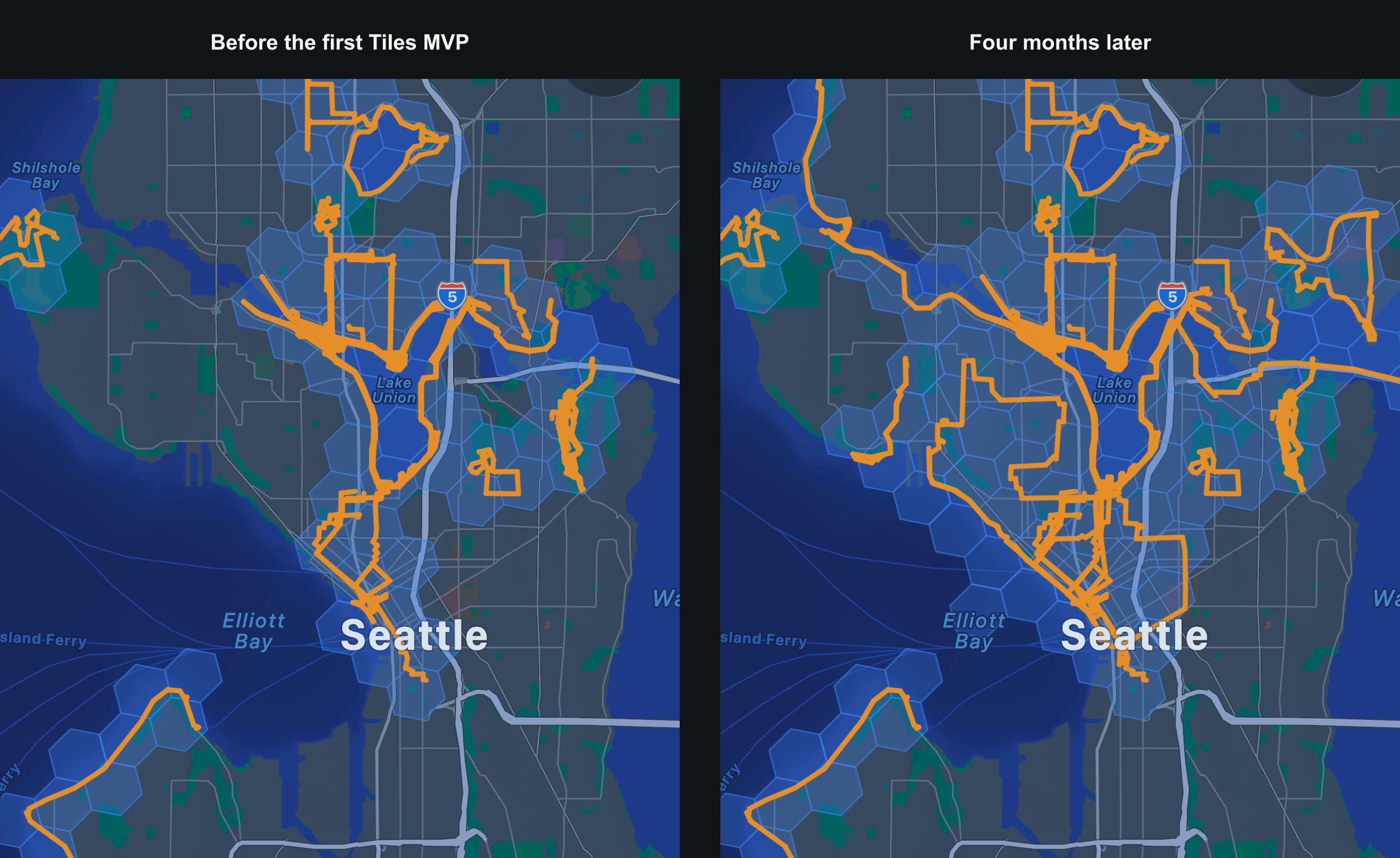 Before and after comparison in Seattle showing individual workout routes on the left and the same activity coverage rendered as Tiles hexagonal grid on the right.