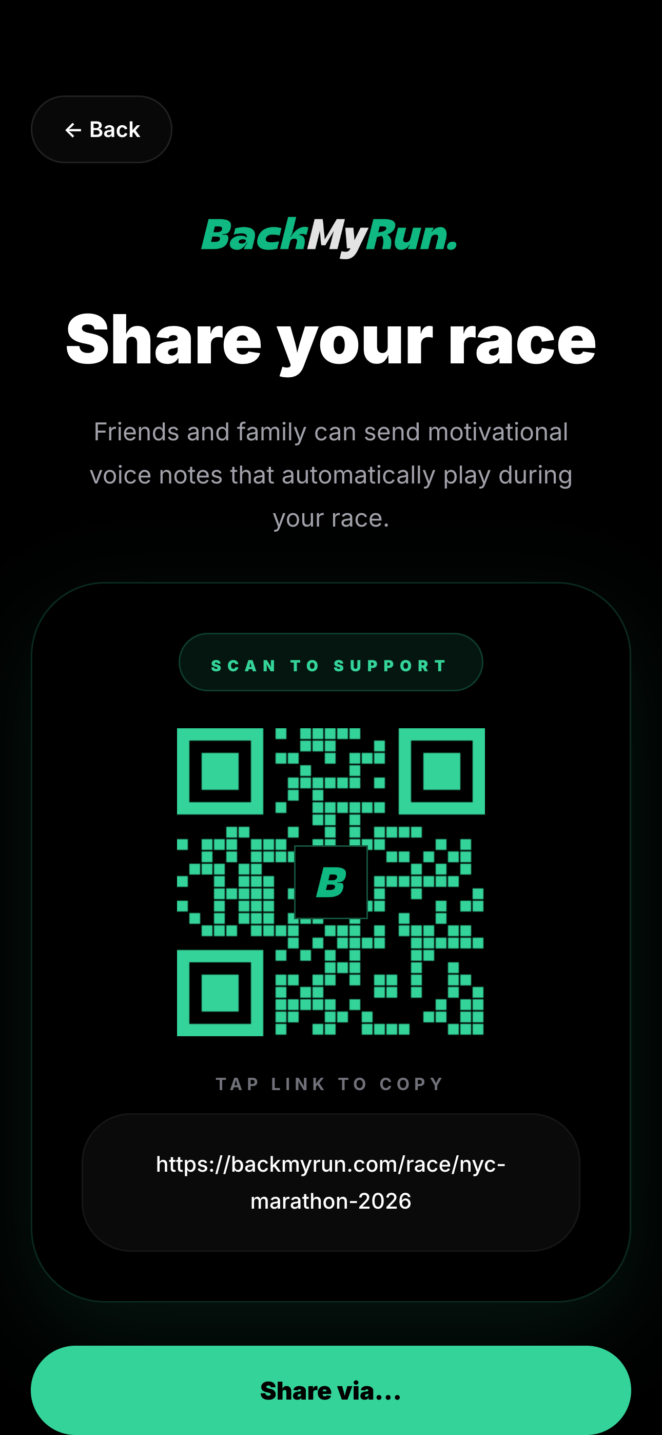 Back My Run share screen showing the unique web link a runner sends to supporters for recording voice notes without an app or account.