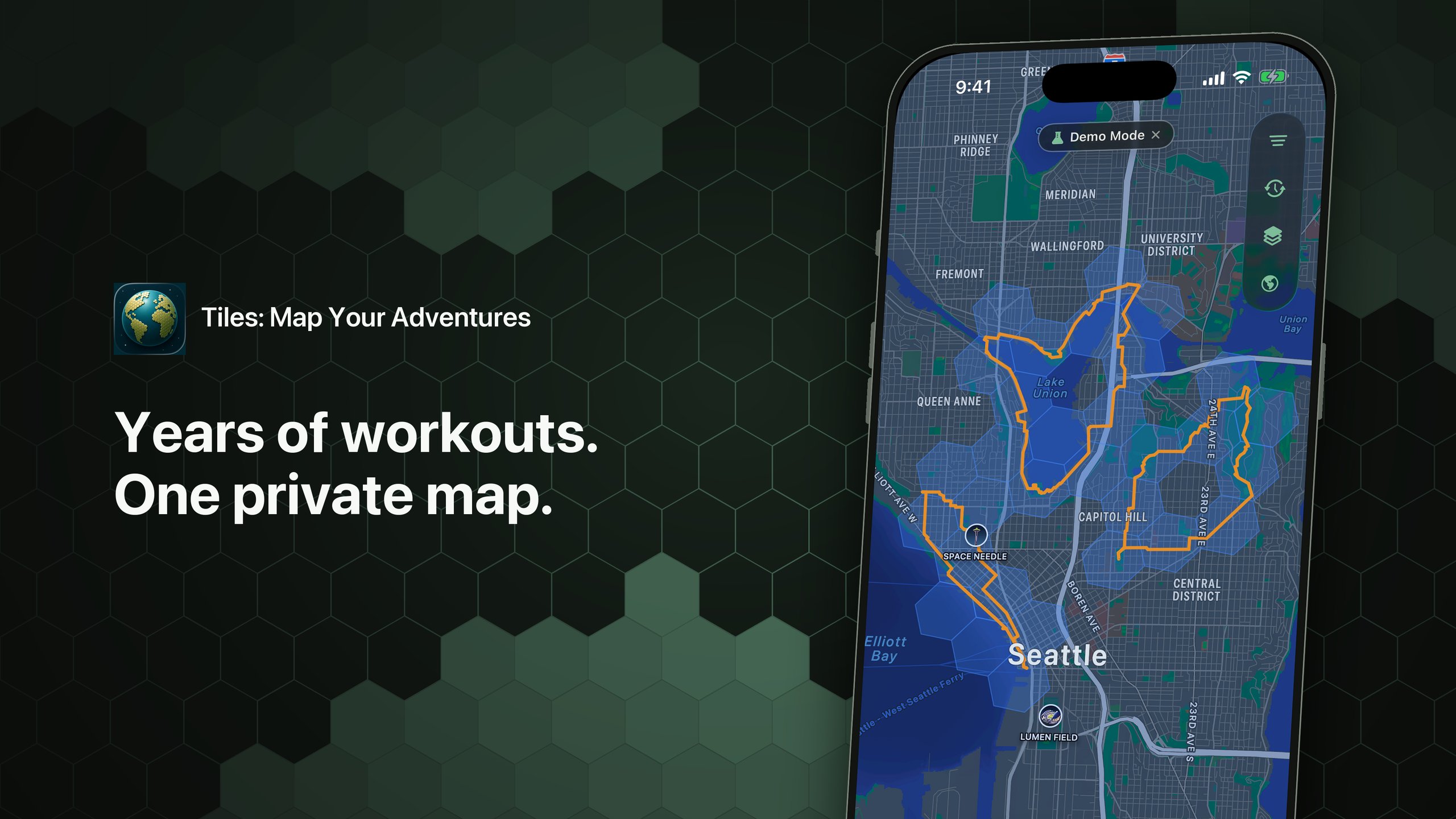 Tiles map view showing an iPhone user's collection of past workout routes displayed as hexagonal tiles on a personal map of covered territory.