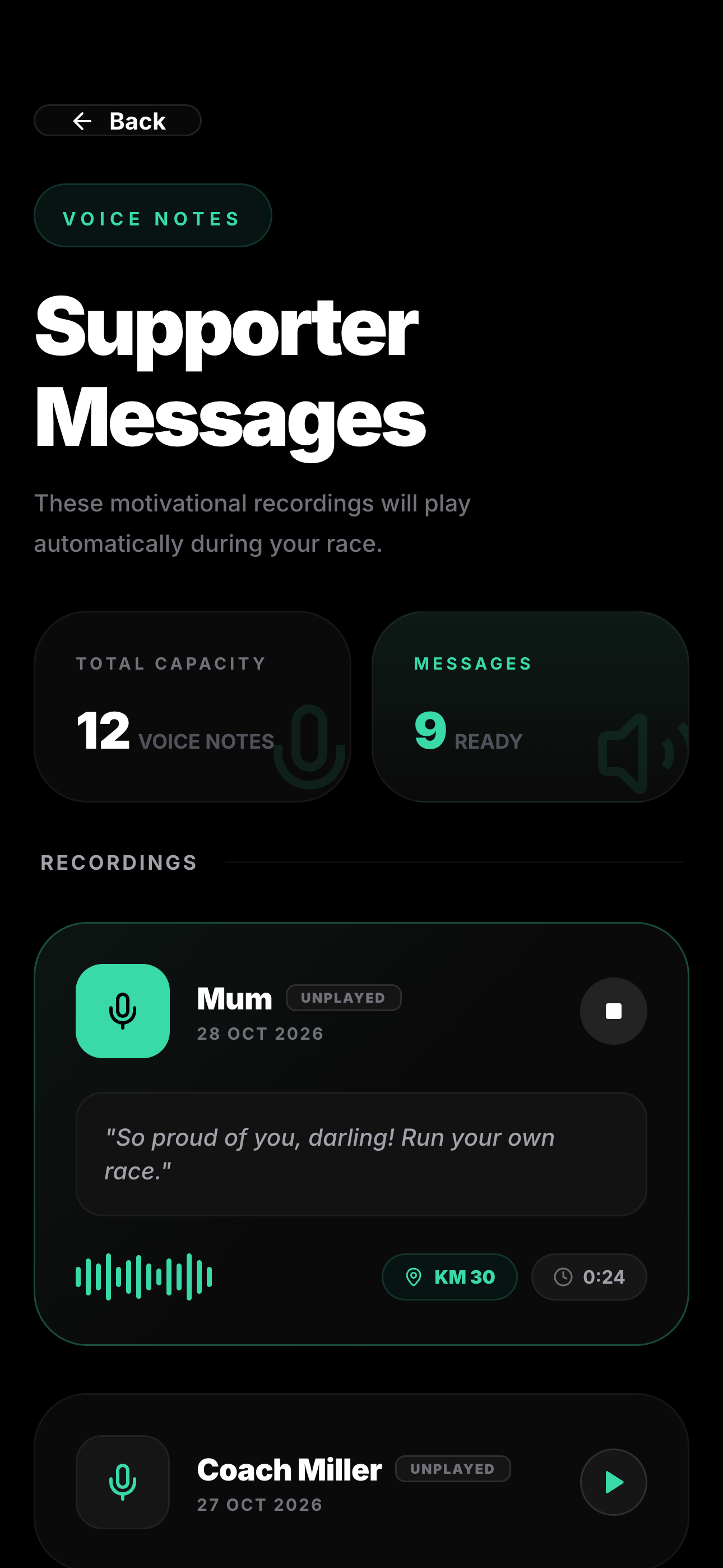 Back My Run kilometre assignment screen showing the runner selecting which whole kilometre each supporter's voice note should play at during the race.