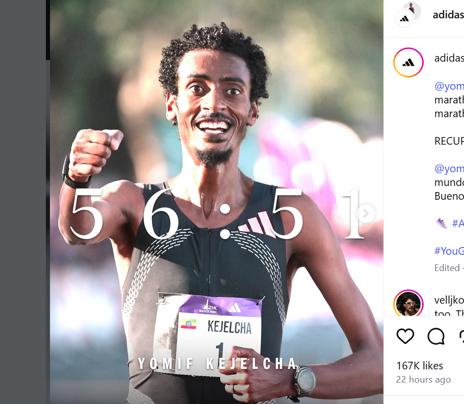 Yomif Kejelcha breaks the half marathon world record in 56:51 at Buenos Aires, wearing a Whoop MG and an Amazfit Cheetah 2 Pro on each wrist
