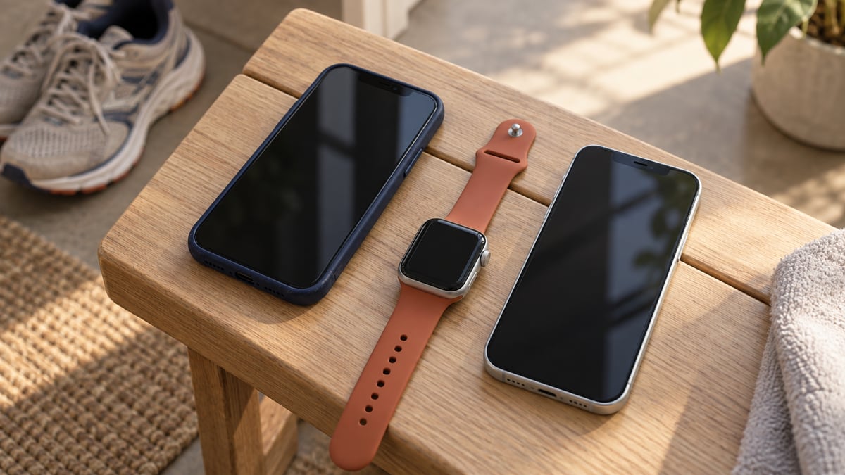 Two phones and a running watch on a wooden bench beside running shoes.