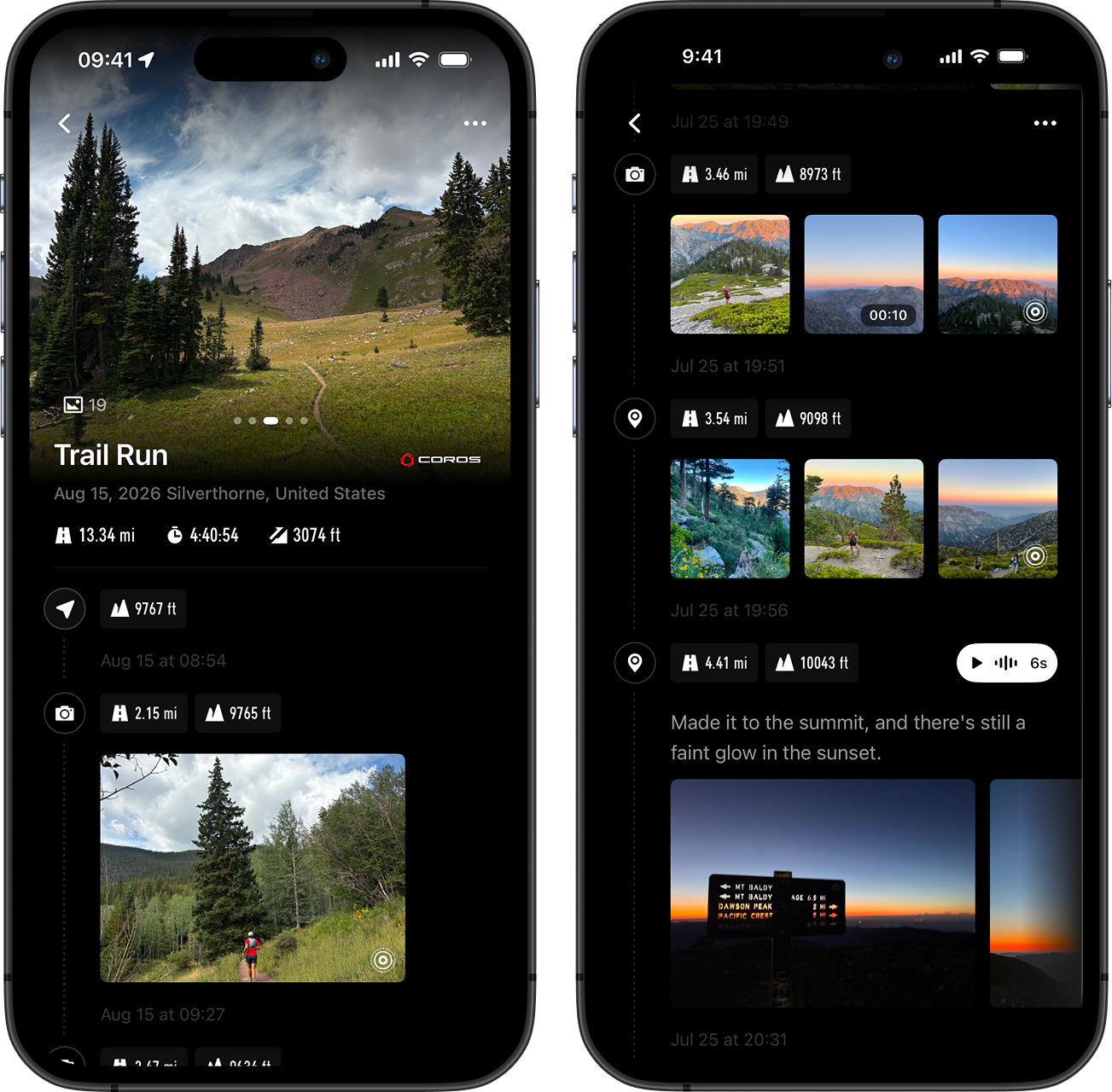 COROS app Adventure Journal Timeline showing photos and route data from a single hike