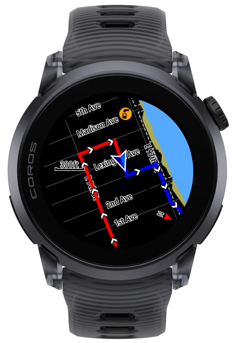 COROS Pace 4 watch screen showing a full colour offline map with street names